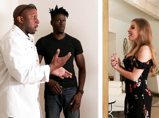 Naughty white bitch Britney Amber offers herself to a duo of horny black guys